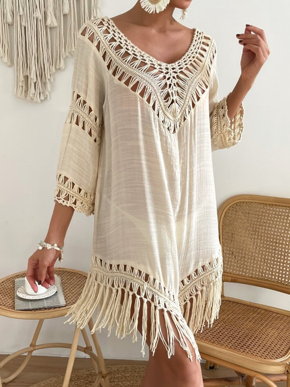 Apricot Women's Hollow Out Knitted Cover Up